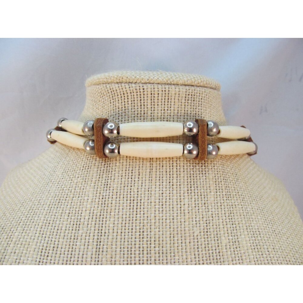 Southwestern 2 Strand Hairpipe Beads and Brown Leather Tribal Choker